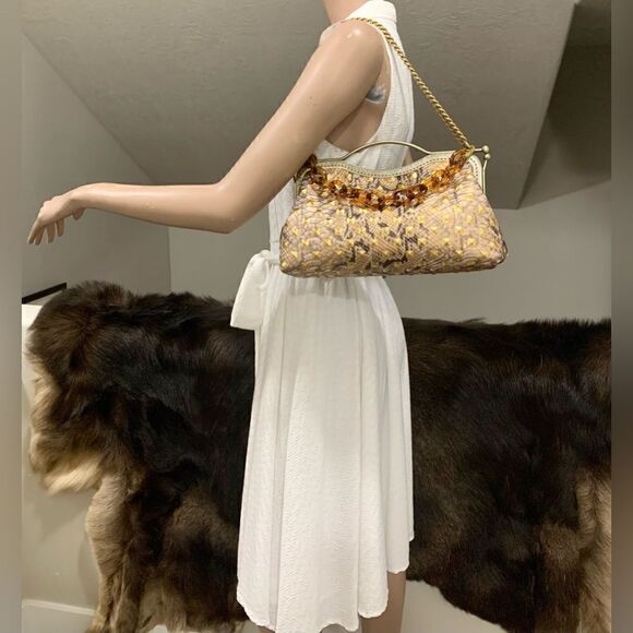 Handsewn Genuine Embossed Leather, Double Kisslock & Top Handle Bag, Crossbody - Picture 6 of 16